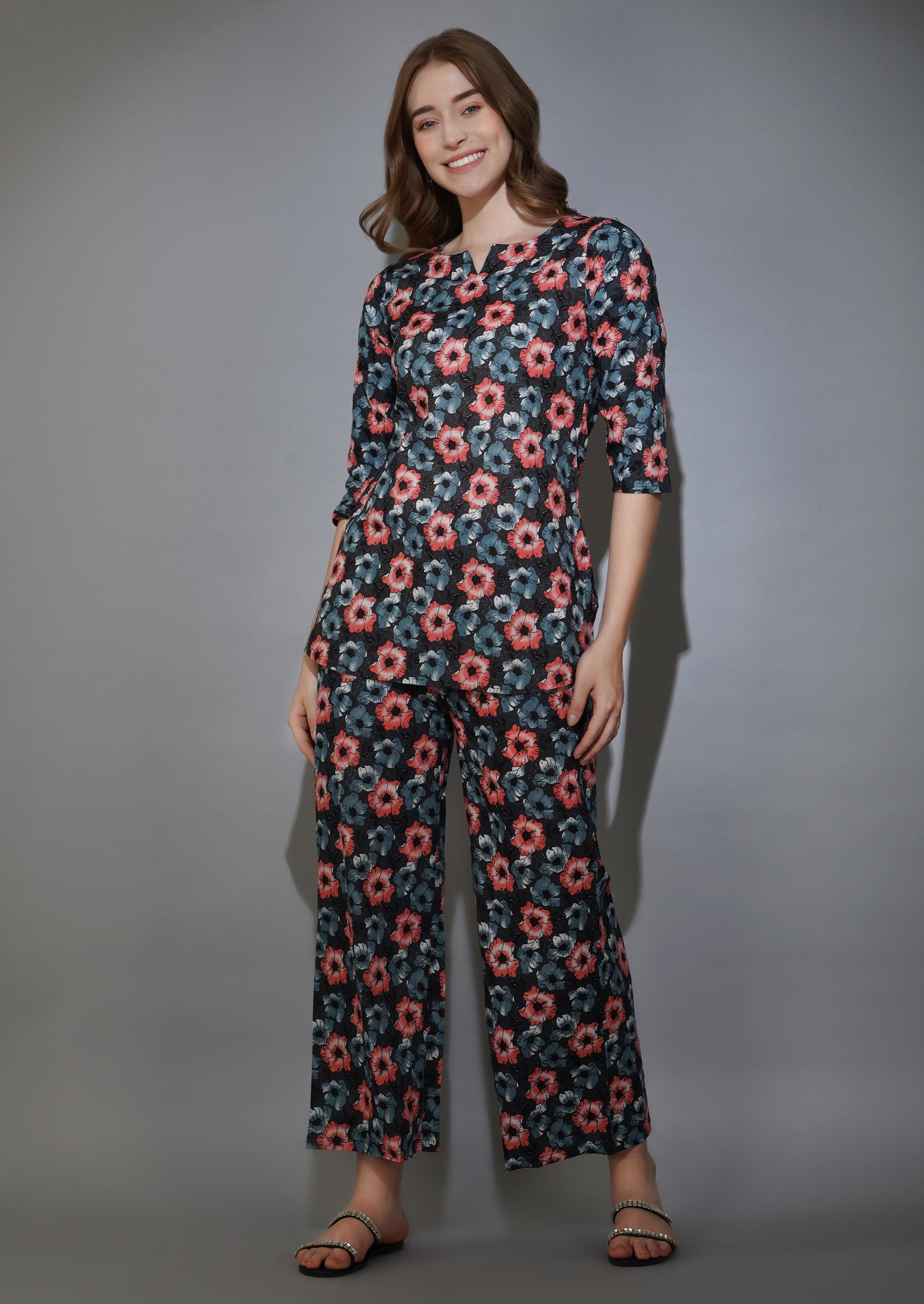 Black Floral Print Cotton Loungewear (short top)