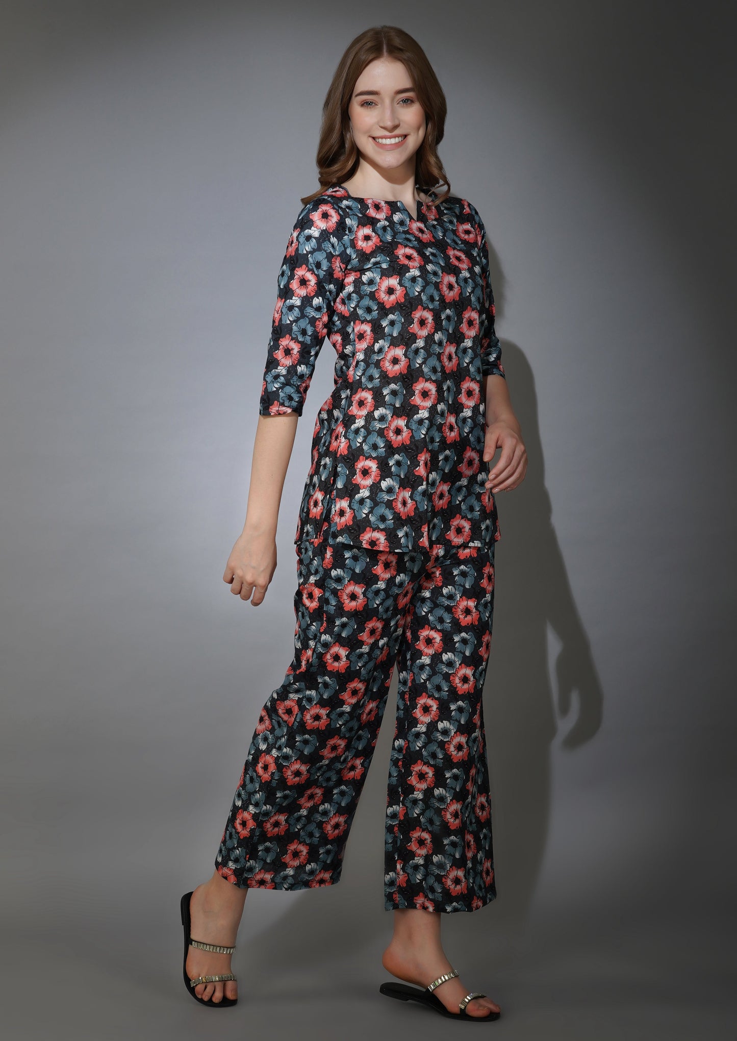 Black Floral Print Cotton Loungewear (short top)