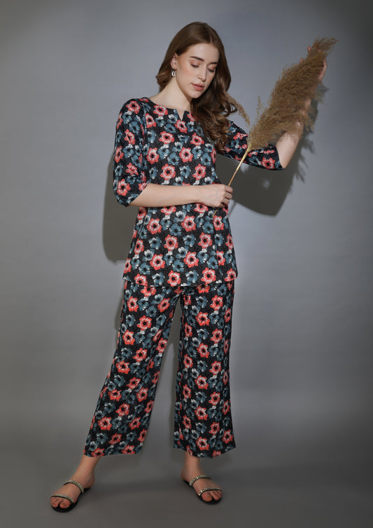 Black Floral Print Cotton Loungewear (short top)