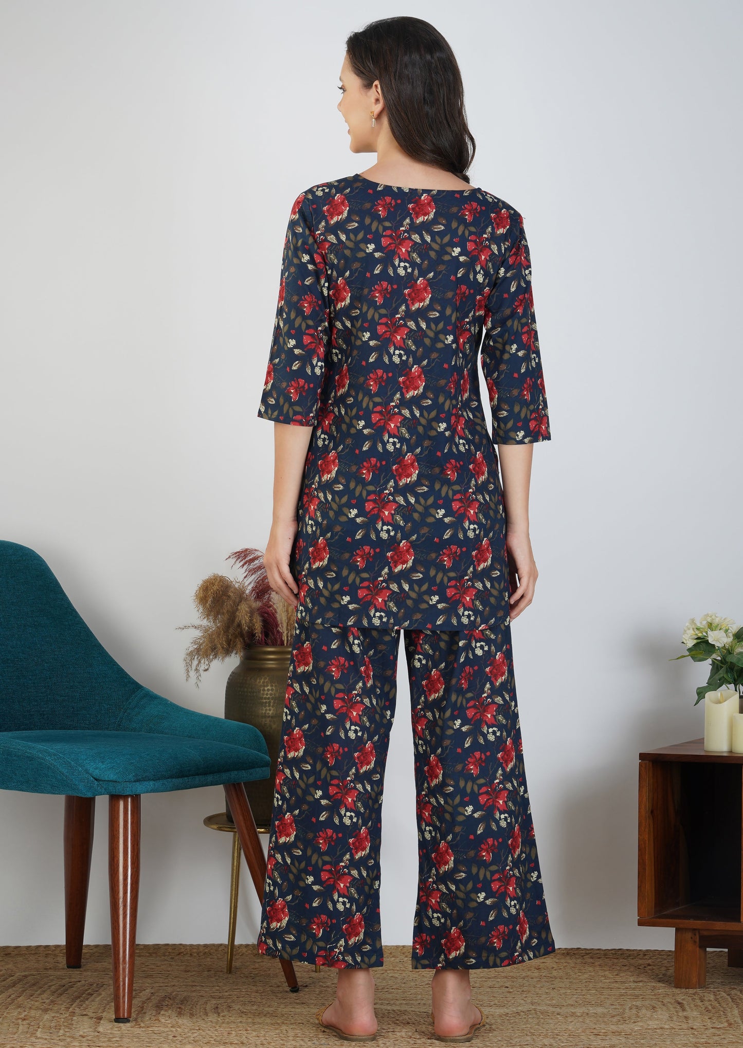 Classic Florals On Navy Blue Cotton Loungewear
