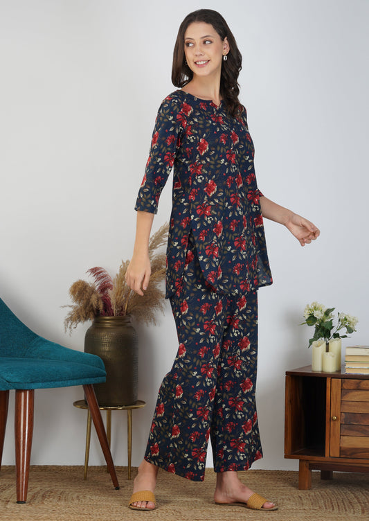 Classic Florals On Navy Blue Cotton Loungewear