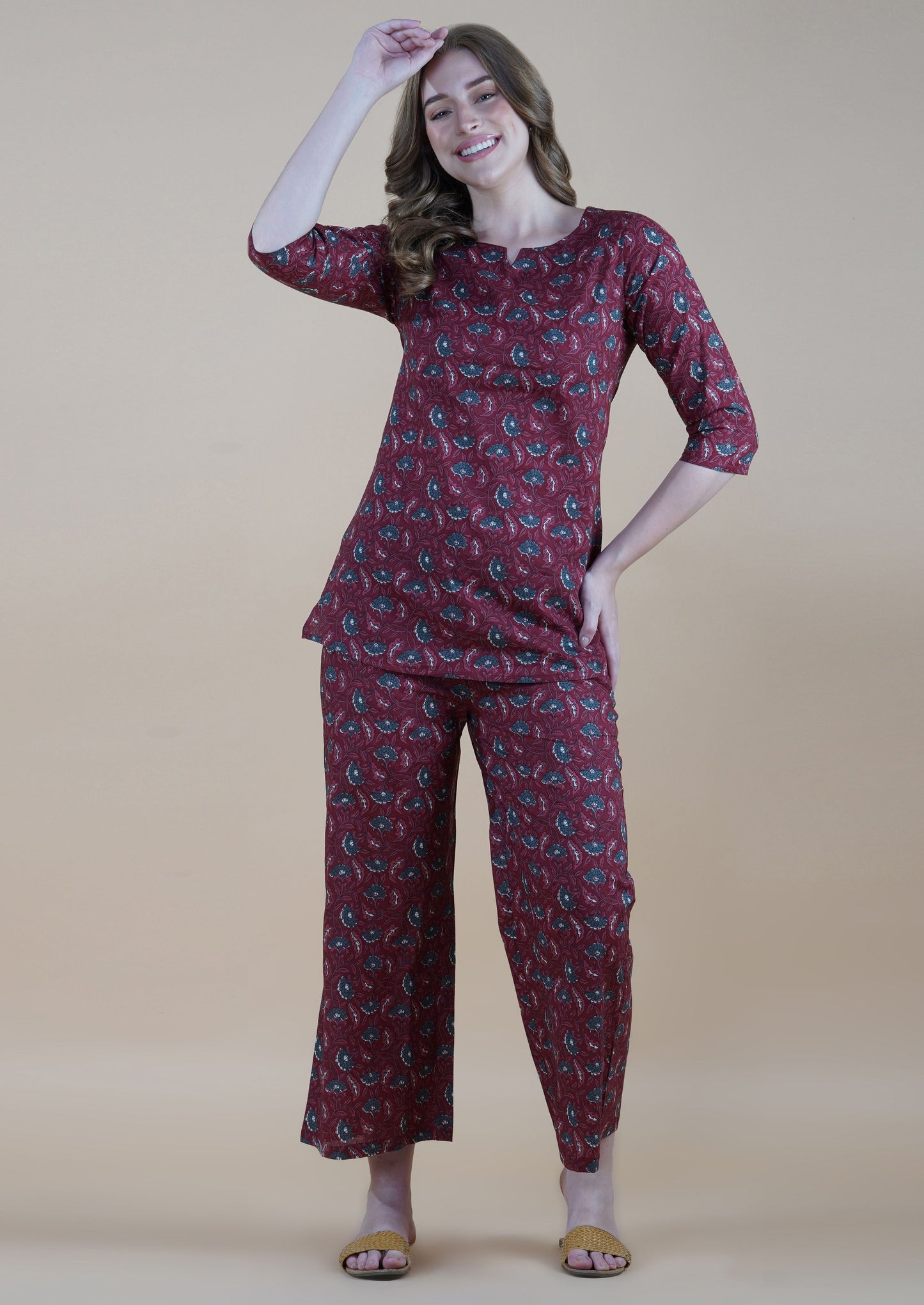 Floral Motifs On Deep Maroon Loungewear Set (short top)