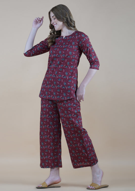 Floral Motifs On Deep Maroon Loungewear Set (short top)