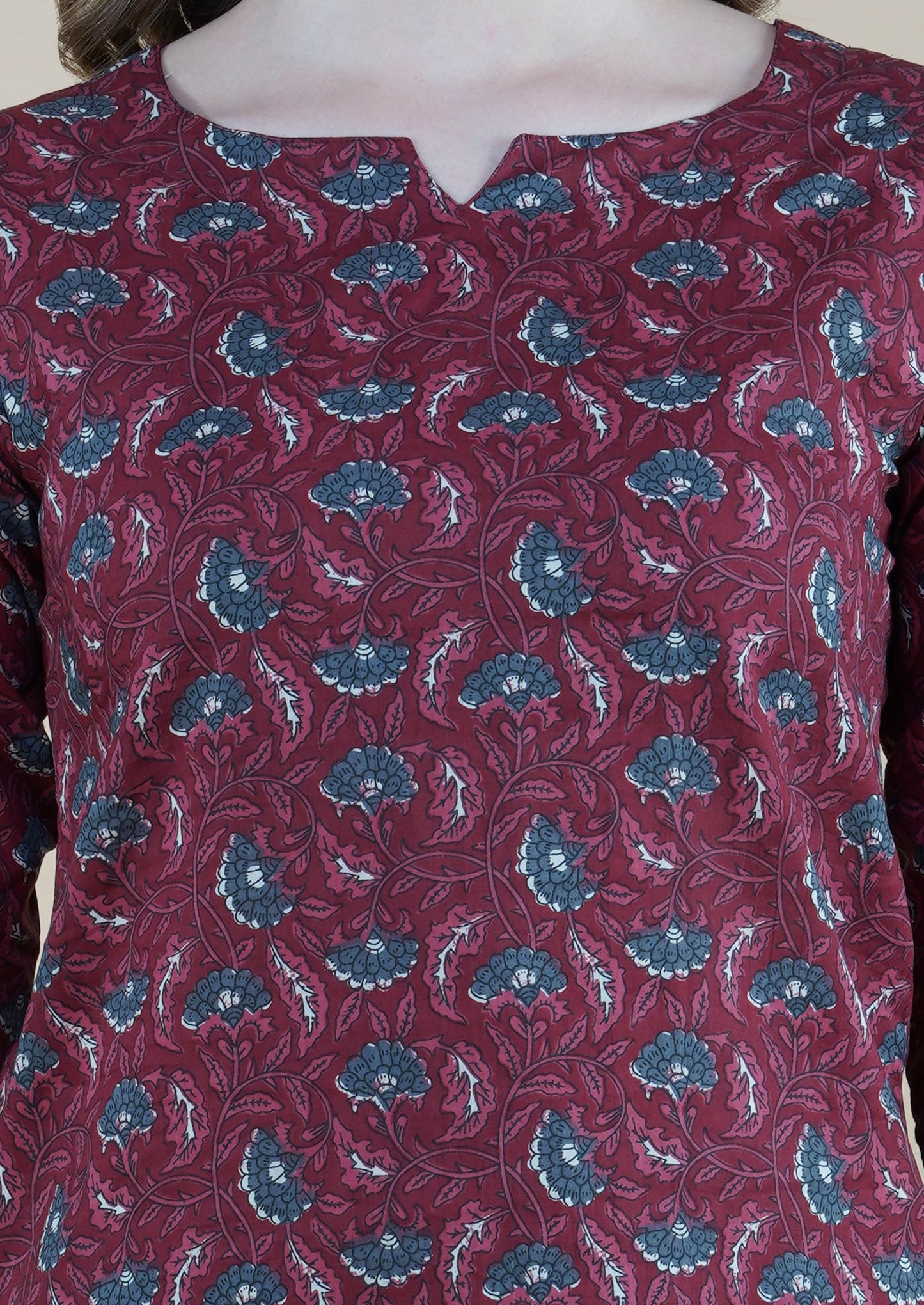 Floral Motifs On Deep Maroon Loungewear Set (short top)