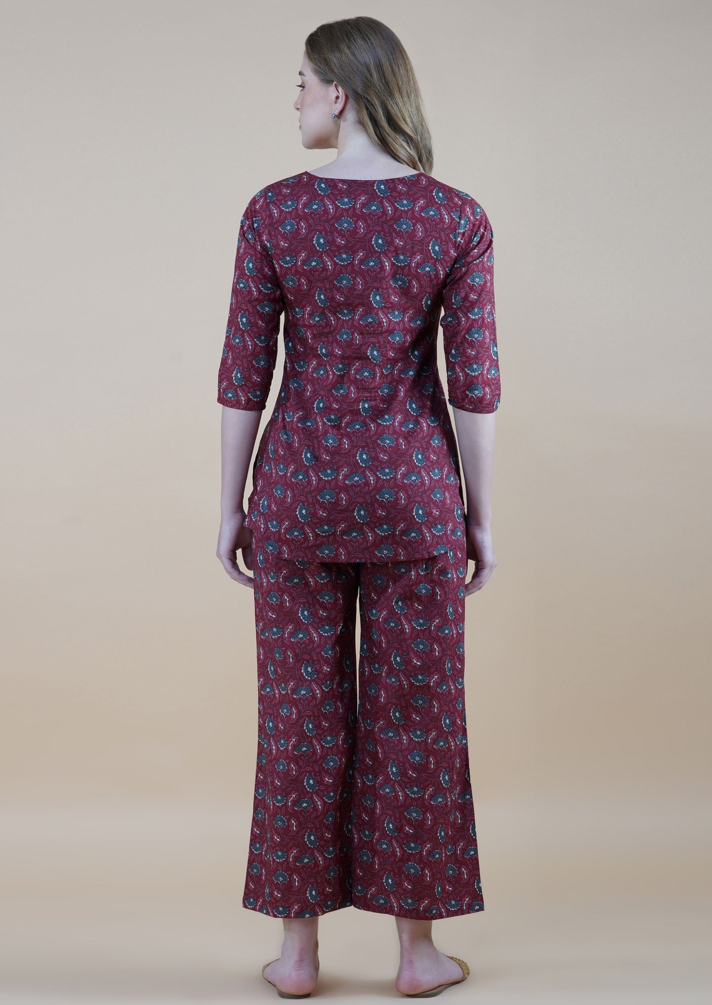 Floral Motifs On Deep Maroon Loungewear Set (short top)