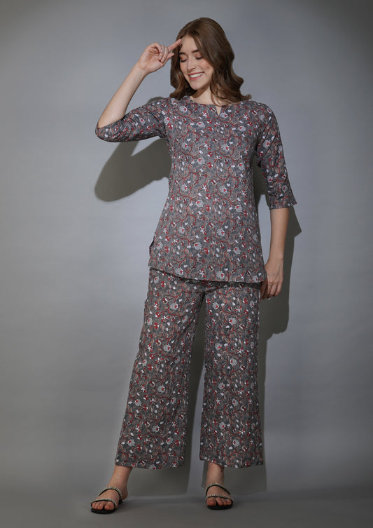 Ethnic Jaal on Rust Grey Katha Cotton Loungewear (short top)