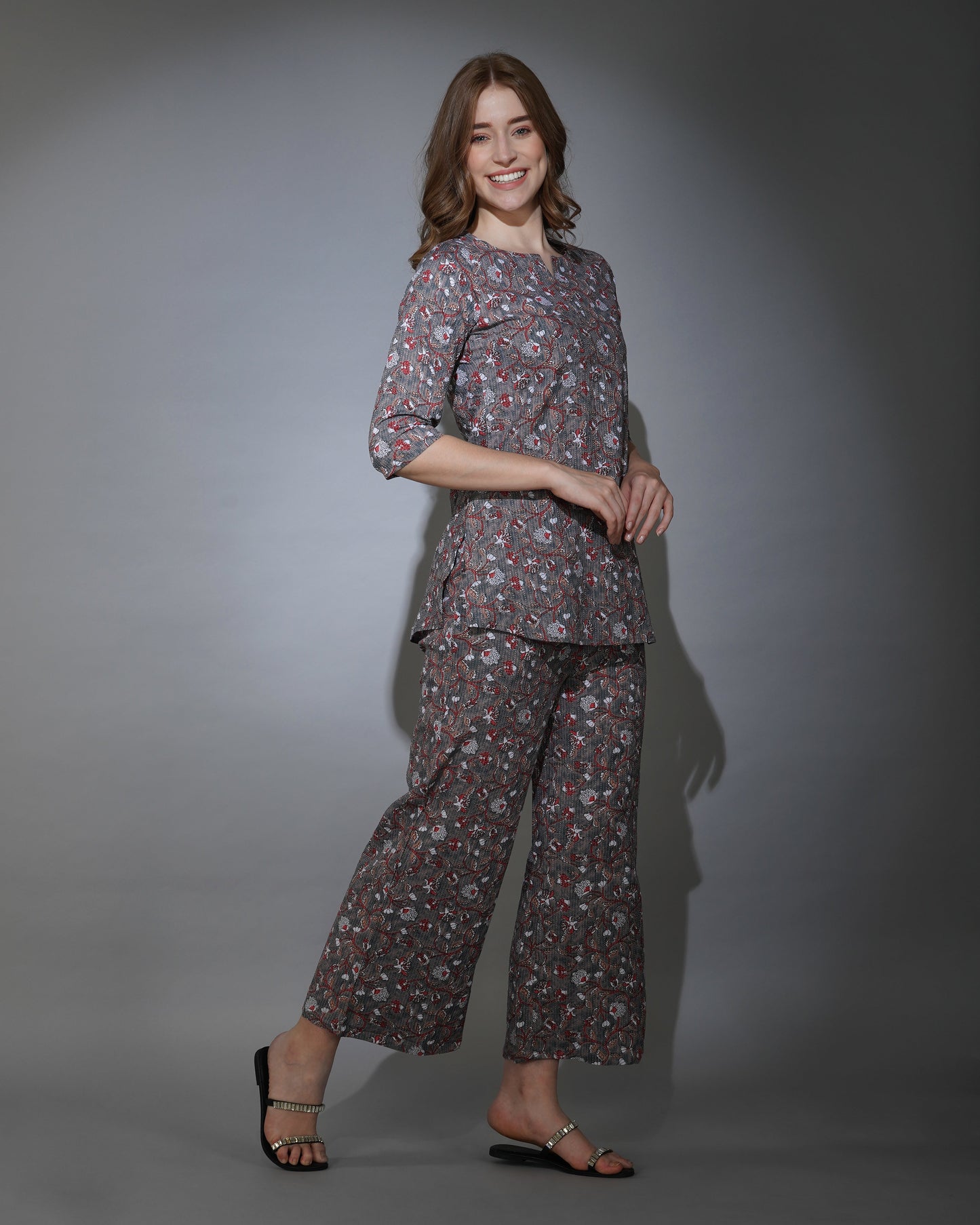 Ethnic Jaal on Rust Grey Katha Cotton Loungewear (short top)