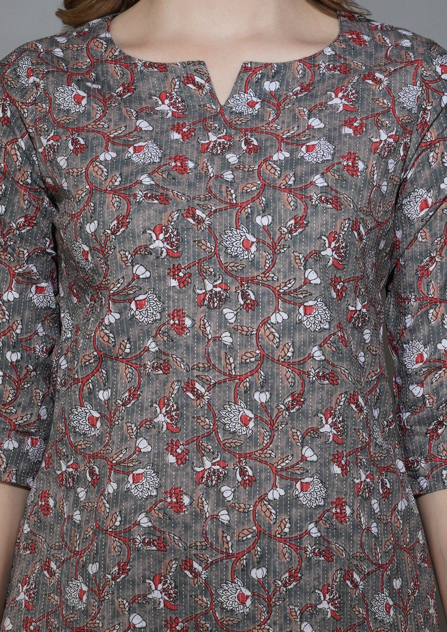 Ethnic Jaal on Rust Grey Katha Cotton Loungewear (short top)