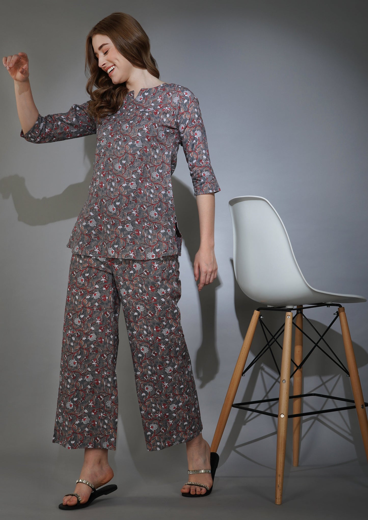 Ethnic Jaal on Rust Grey Katha Cotton Loungewear (short top)