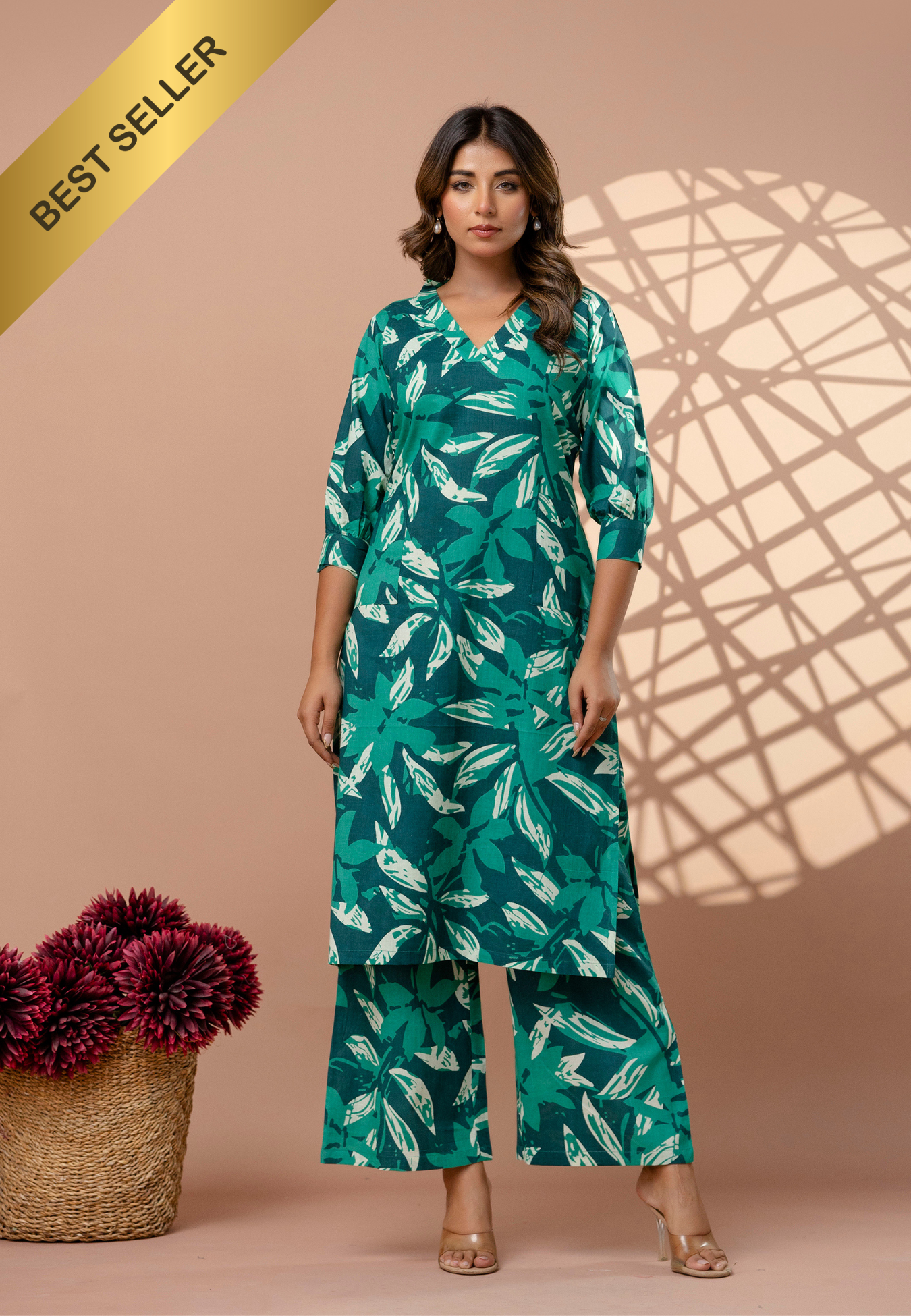 Breezy Green Leaf Print Cotton Kurta Set for Women