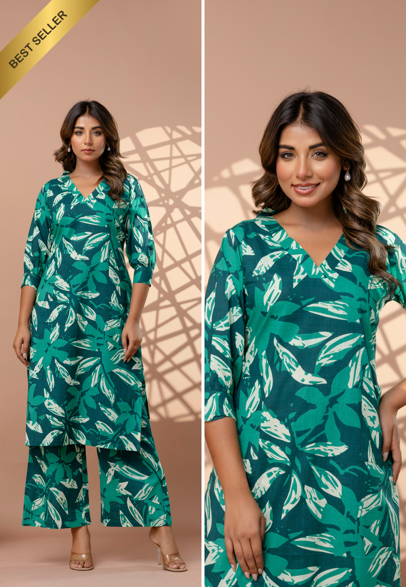 Breezy Green Leaf Print Cotton Kurta Set for Women