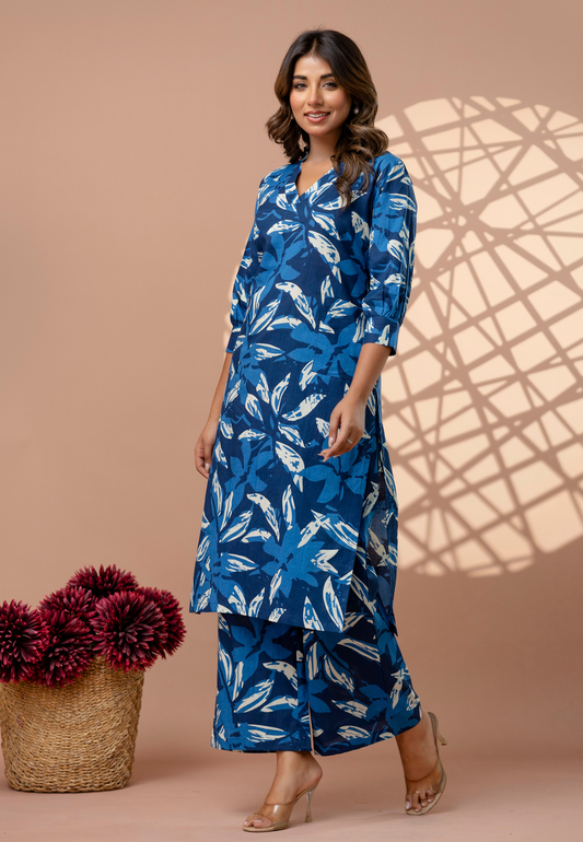 Breezy Blue Leaf Print Cotton Kurta Set for Women