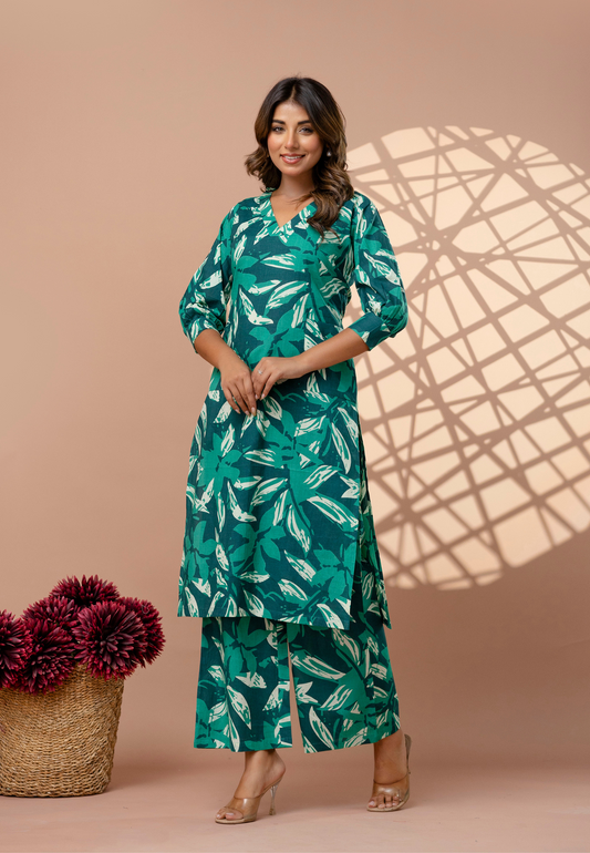 Breezy Green Leaf Print Cotton Kurta Set for Women