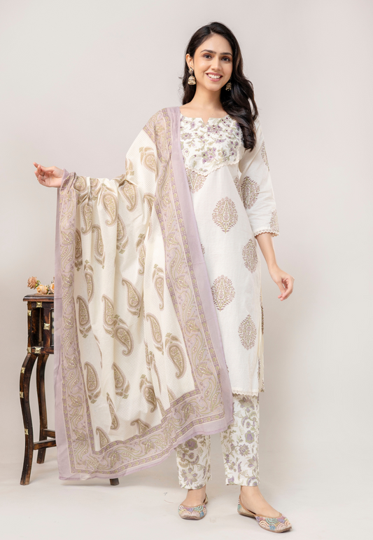 Classic Ivory Butta Print Cotton Kurta Set with Dupatta