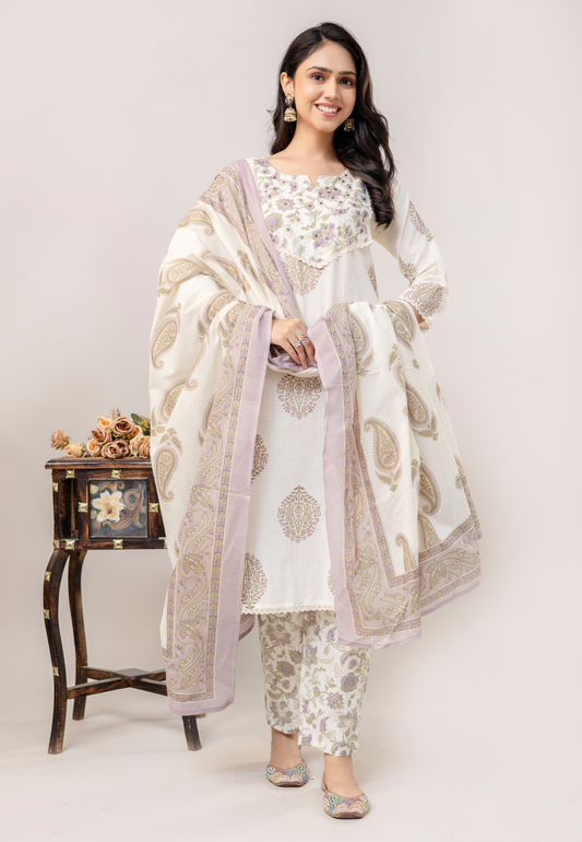 Classic Ivory Butta Print Cotton Kurta Set with Dupatta