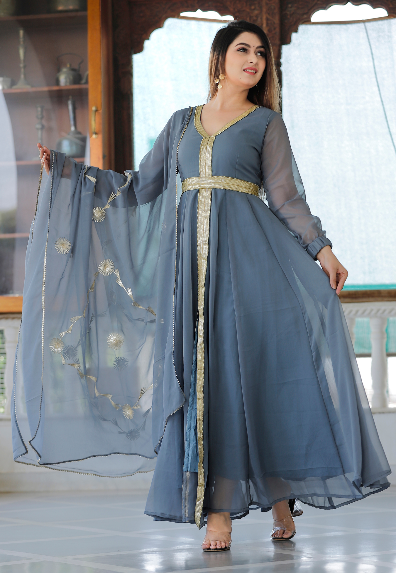 Grey Anarkali Kurta & Dupatta With Gota Patti Work