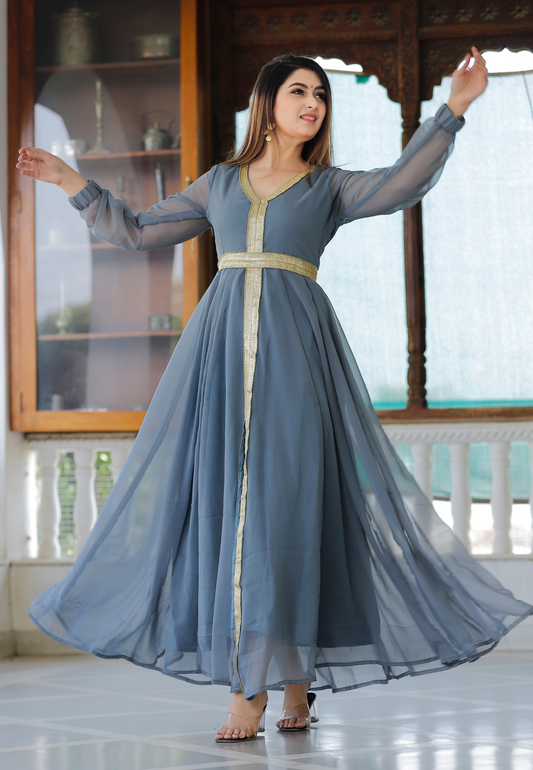 Grey Anarkali Kurta & Dupatta With Gota Patti Work