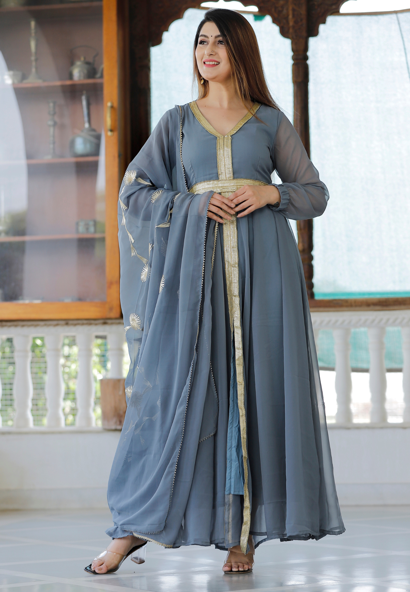 Grey Anarkali Kurta & Dupatta With Gota Patti Work