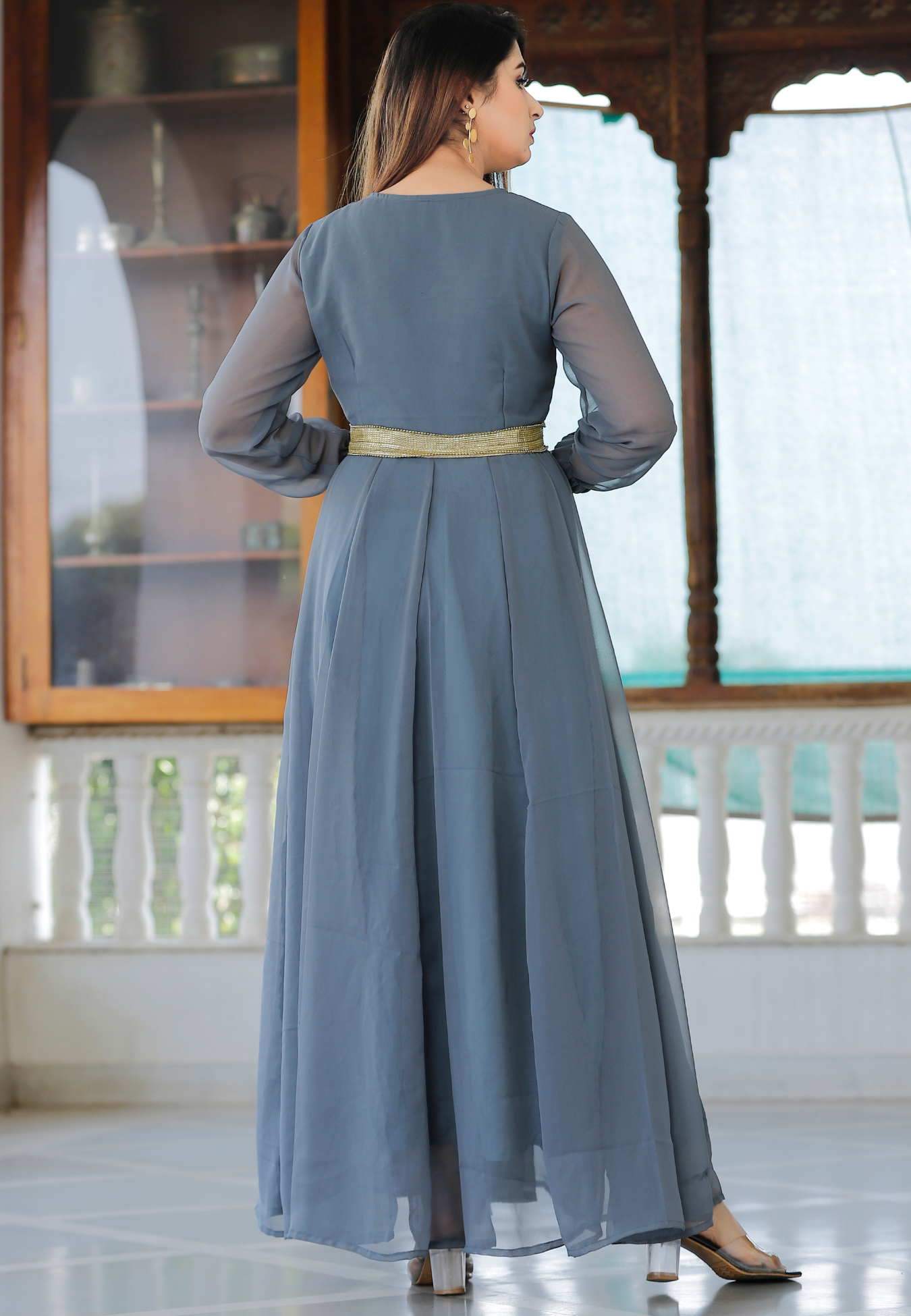 Grey Anarkali Kurta & Dupatta With Gota Patti Work
