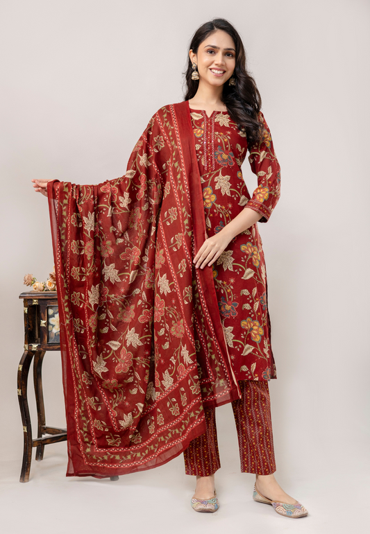 Maroon Floral Printed Cotton Kurta Set with Dupatta