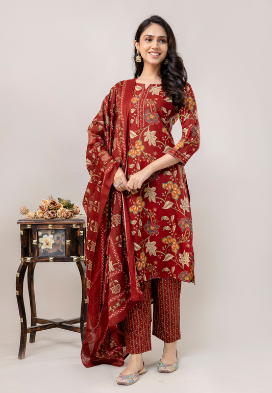 Maroon Floral Printed Cotton Kurta Set with Dupatta