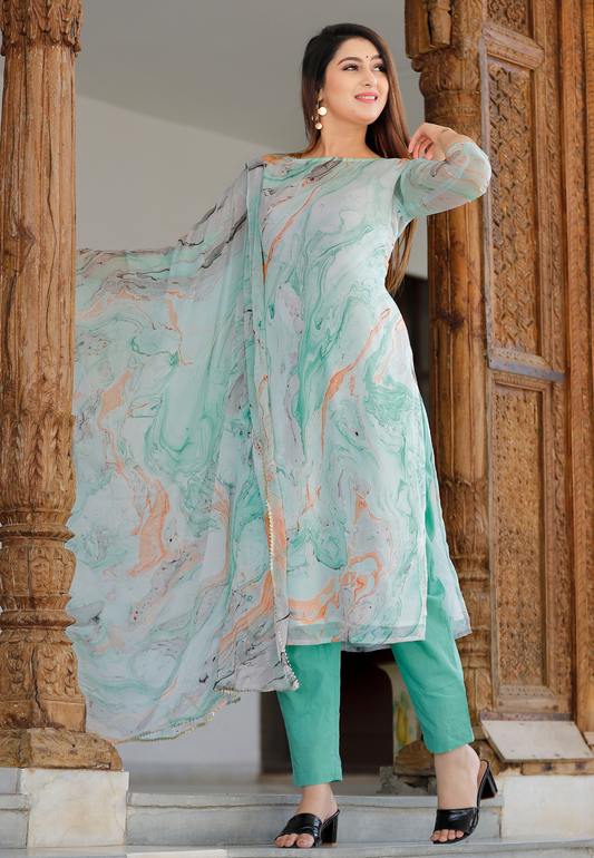 Mint Green Chiffon Marble Dye Kurta Set With Dupatta
