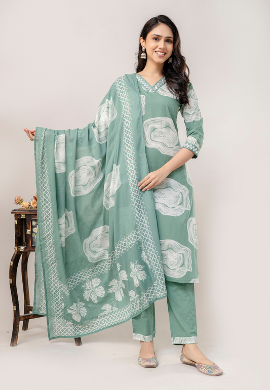 Mint Green Wave Printed Cotton Kurta Set with Dupatta