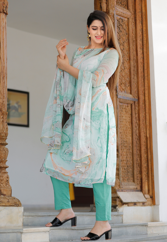 Mint Green Chiffon Marble Dye Kurta Set With Dupatta