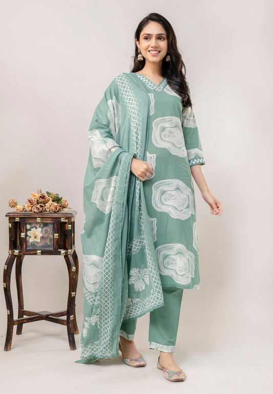 Mint Green Wave Printed Cotton Kurta Set with Dupatta