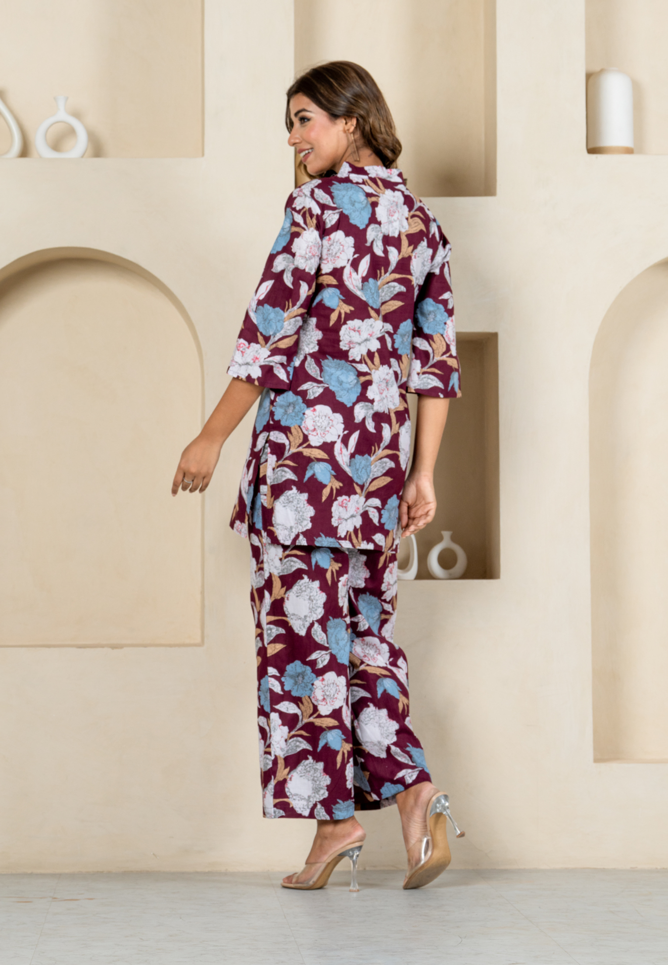 Mulberry Maroon V-neck Cotton Co-ord Set