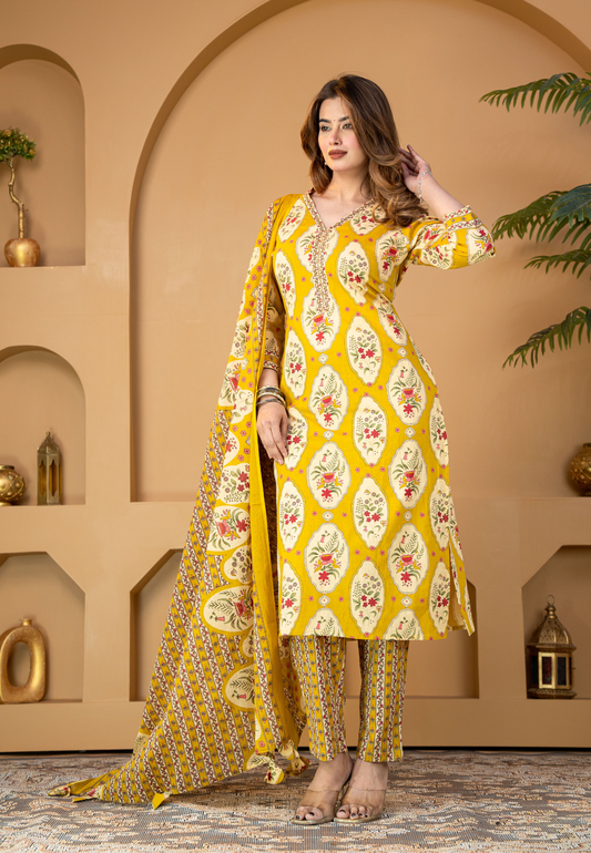 Mustard Floral Buta Cotton Kurta Set With Dupatta