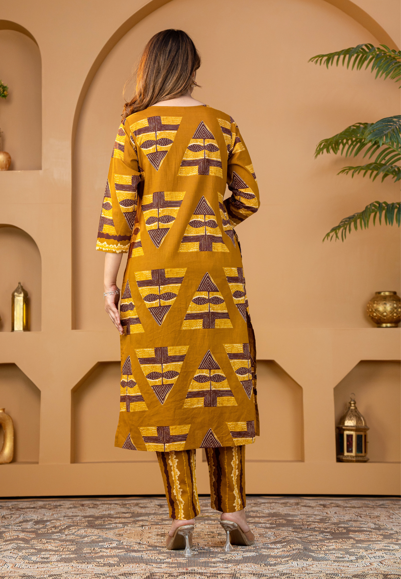 Mustard Heritage Motif Print Cotton Kurta Set With Dupatta
