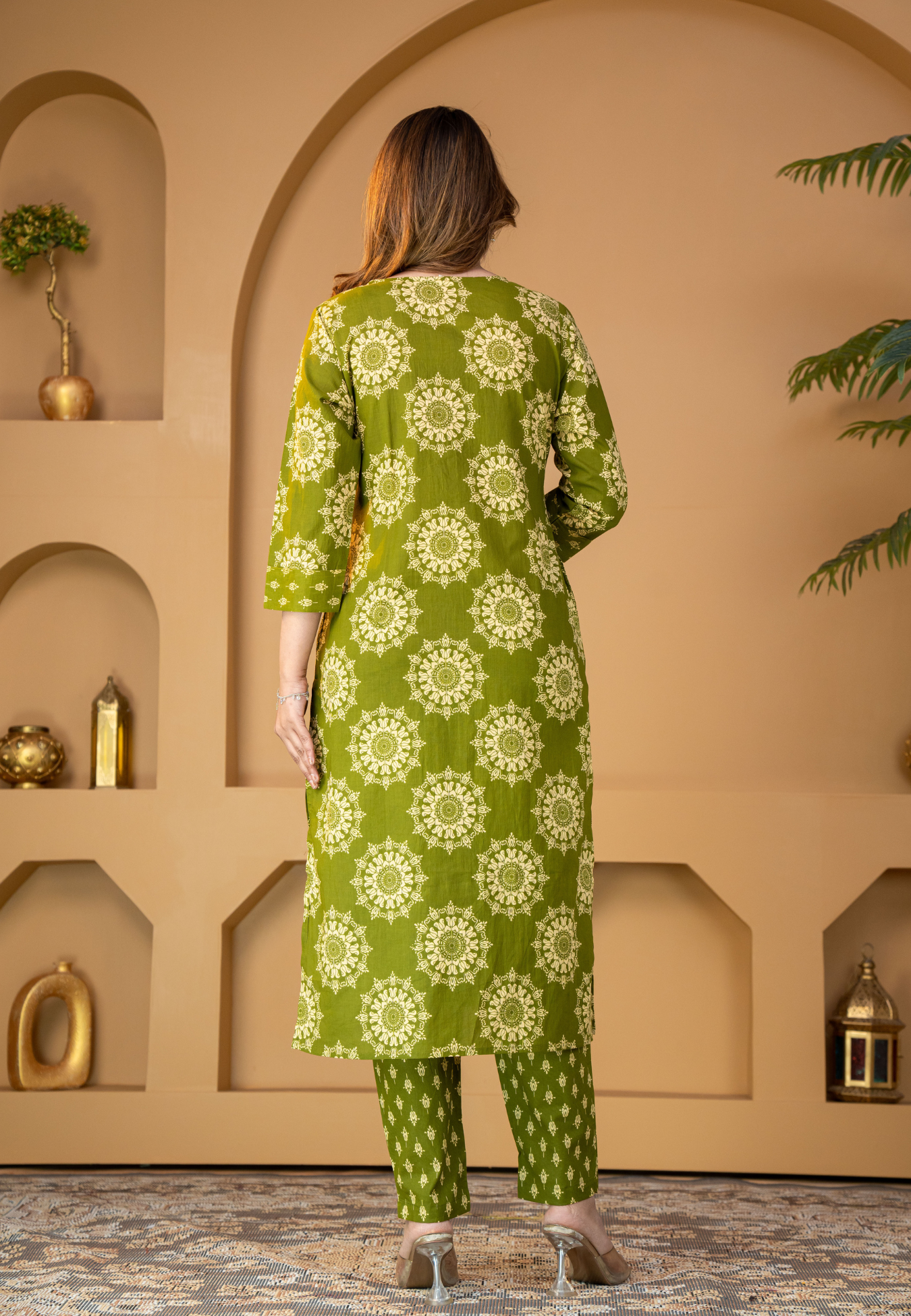 Olive Mandala Floral Print Cotton Kurta Set With Dupatta