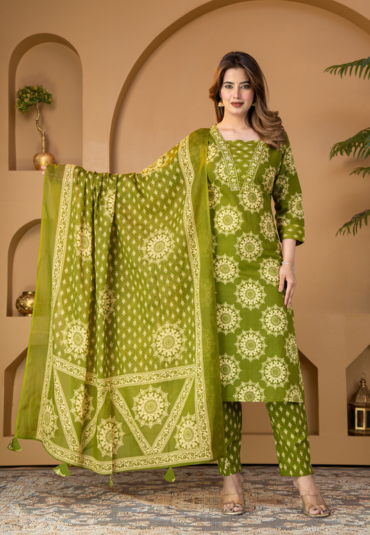 Olive Mandala Floral Print Cotton Kurta Set With Dupatta
