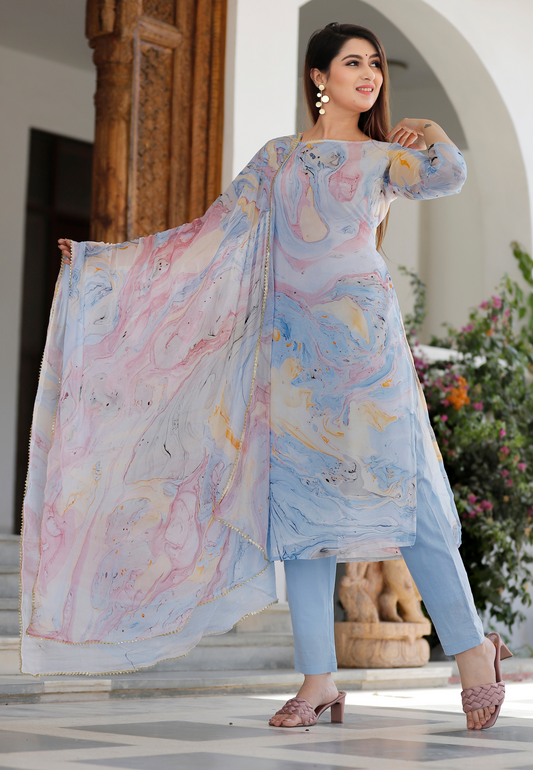 Pastel Sky Chiffon Marble Dye Kurta Set With Dupatta