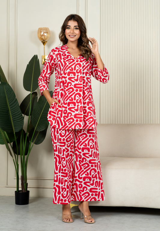 Red Scribble Pure Cotton Loungewear Set