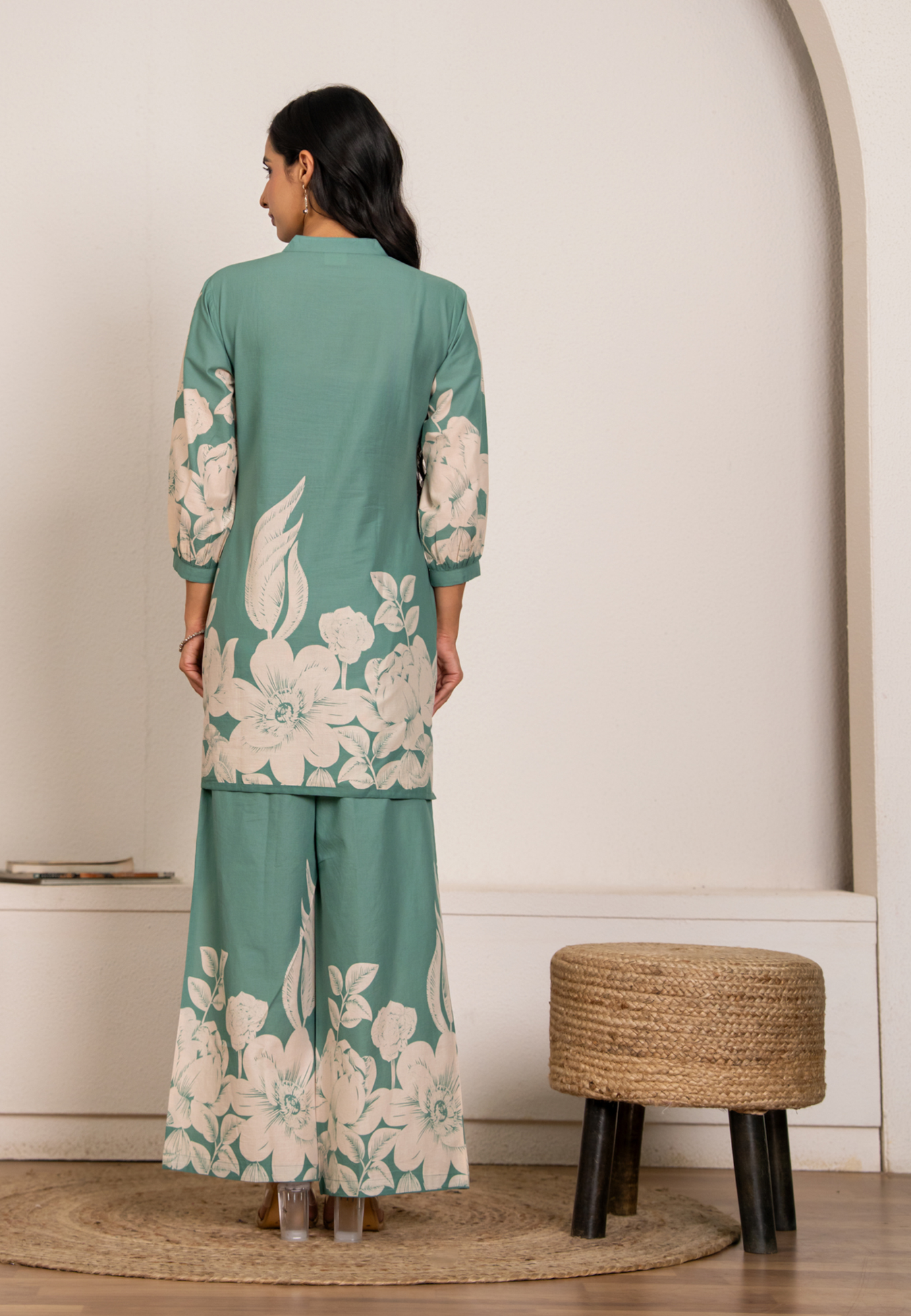 Sage Green Cotton Co-ord Set for Women | Floral Kurta & Pants