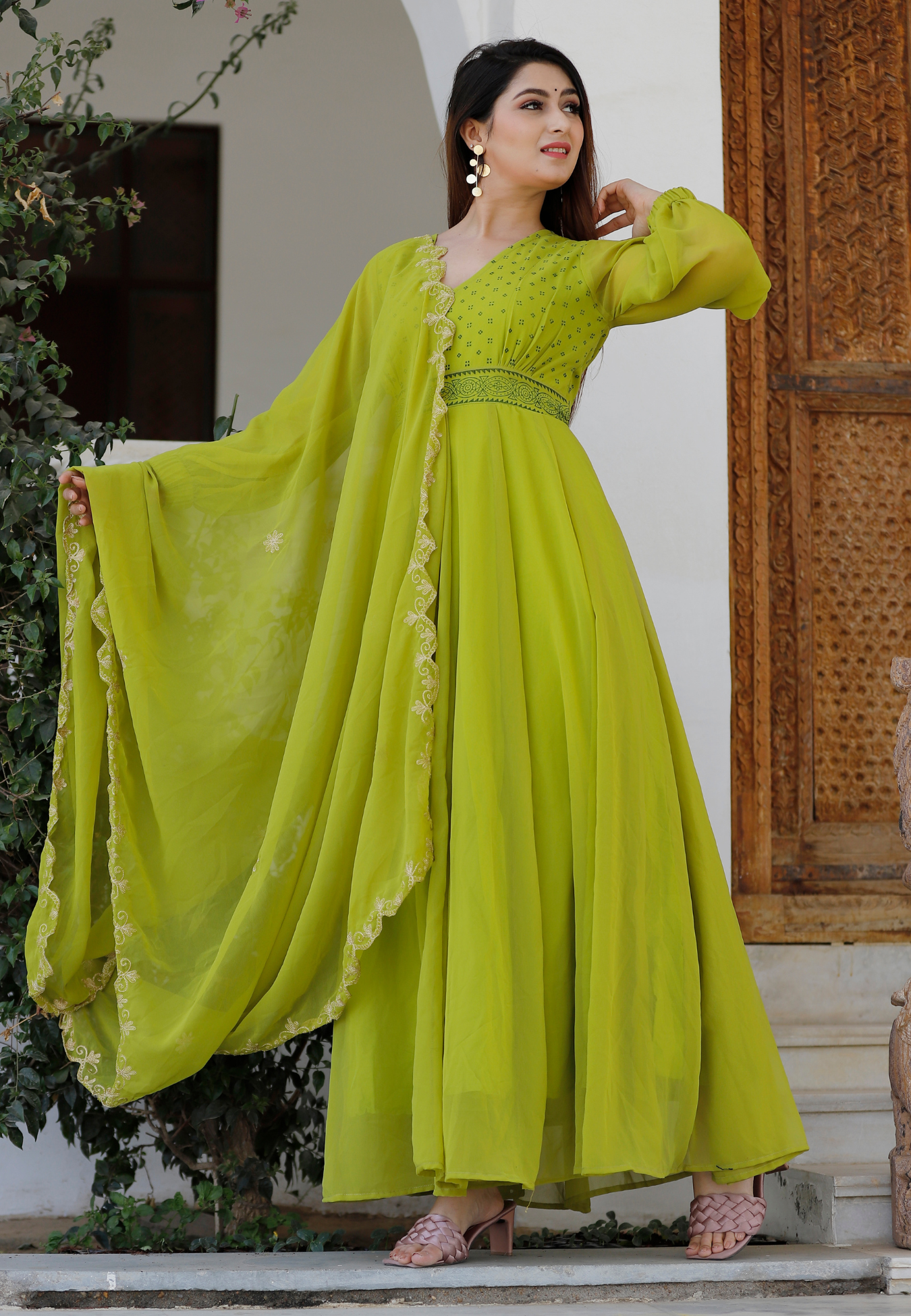 Sheen Green Hand Block Anarkali Kurta With Dupatta