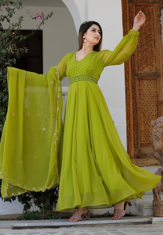 Sheen Green Hand Block Anarkali Kurta With Dupatta