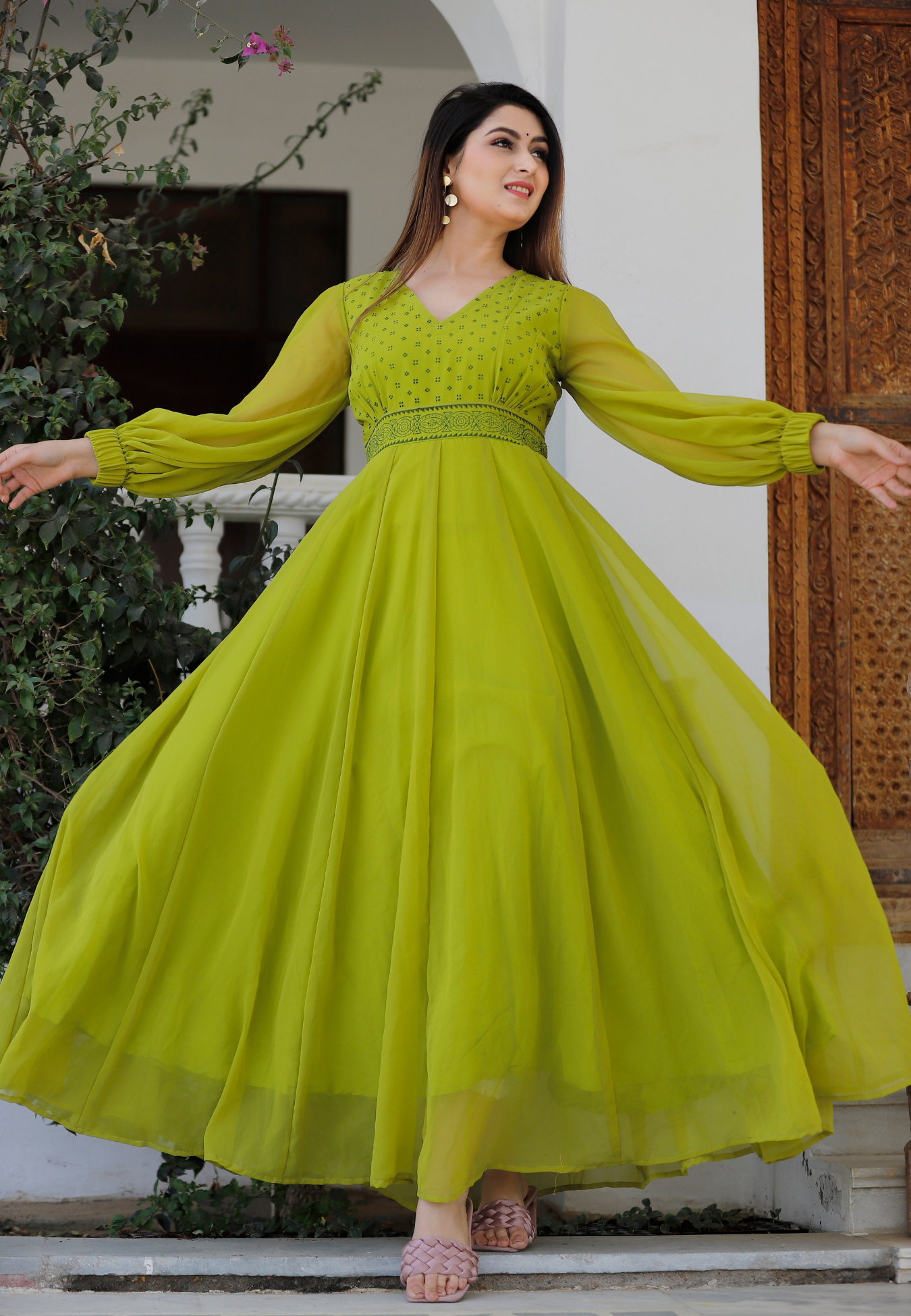 Sheen Green Hand Block Anarkali Kurta With Dupatta
