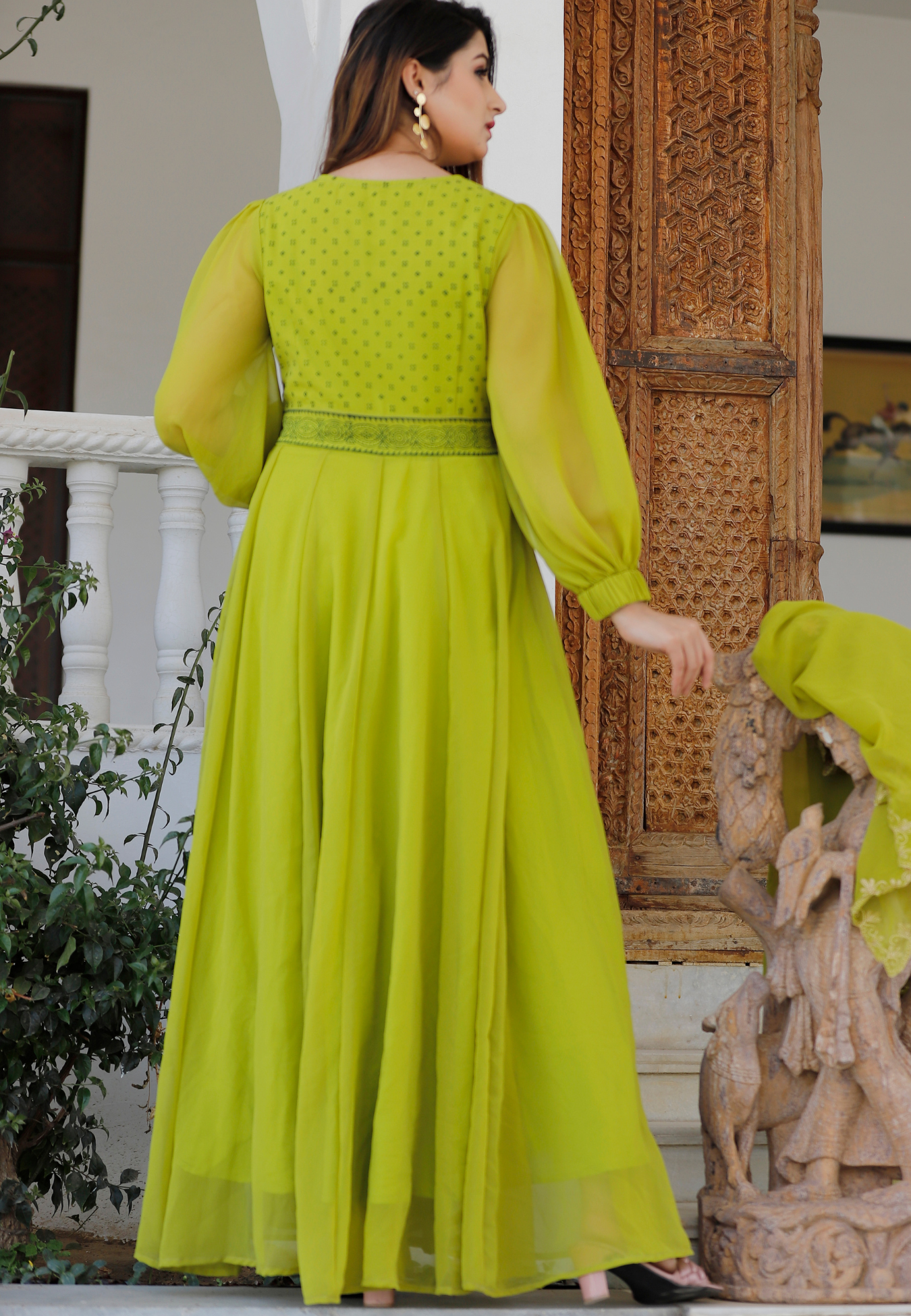 Sheen Green Hand Block Anarkali Kurta With Dupatta