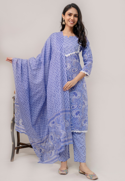 Sky Blue Paisley Cotton Kurta Set with Dupatta.