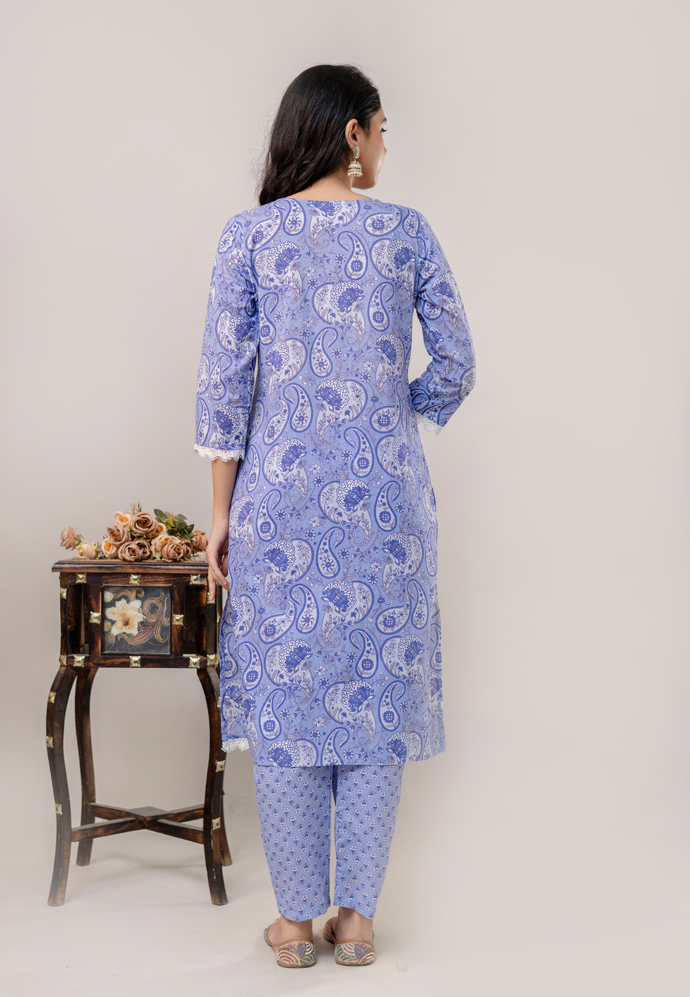 Sky Blue Paisley Cotton Kurta Set with Dupatta.