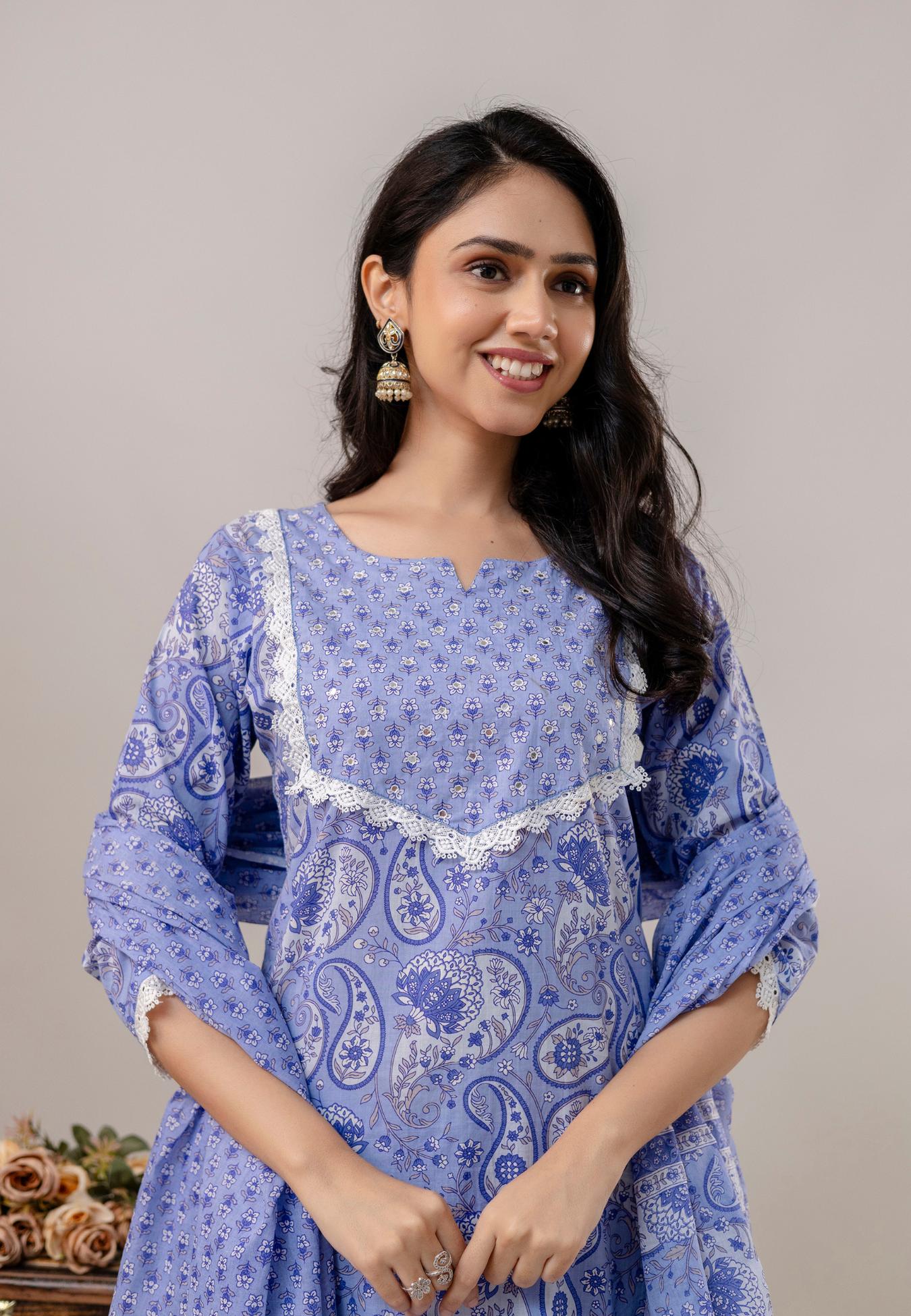 Sky Blue Paisley Cotton Kurta Set with Dupatta.