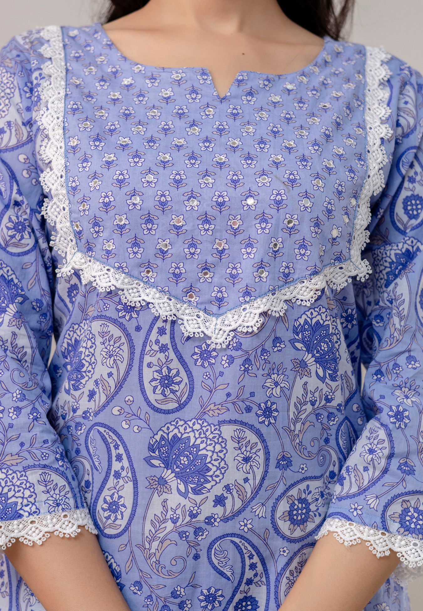 Sky Blue Paisley Cotton Kurta Set with Dupatta.