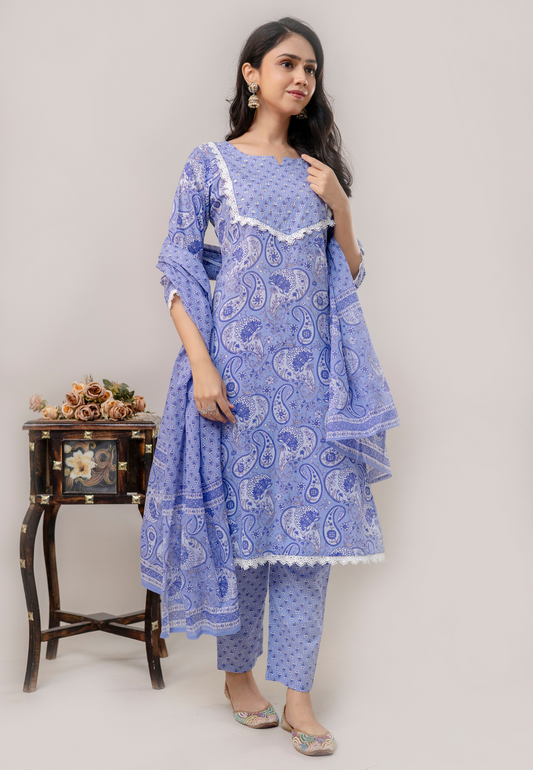 Sky Blue Paisley Cotton Kurta Set with Dupatta.