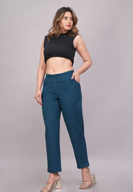 Teal Blue Cotton Pants for Women – Soft Cotton Trousers for Everyday Use