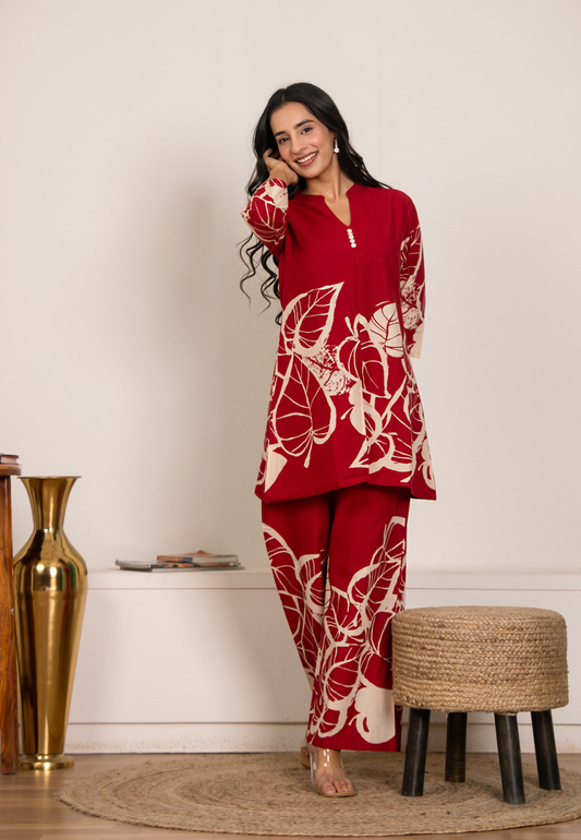 Women’s Red Cotton Co-ord Set | Leaf Print Loungewear Kurta & Pant Set