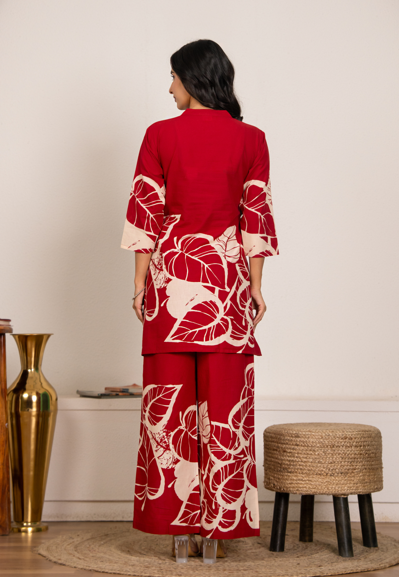 Women’s Red Cotton Co-ord Set | Leaf Print Loungewear Kurta & Pant Set