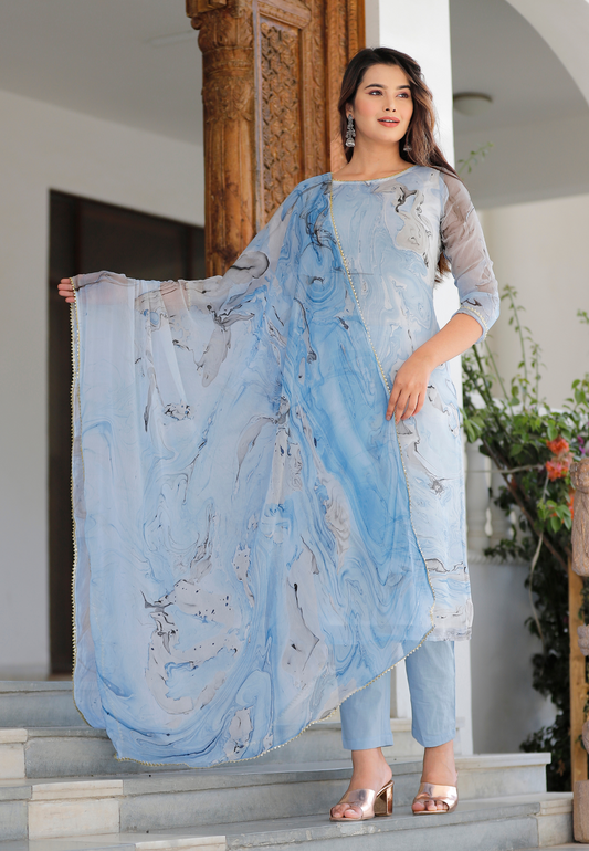 Sky Blue Chiffon Marble Dye Kurta Set With Dupatta